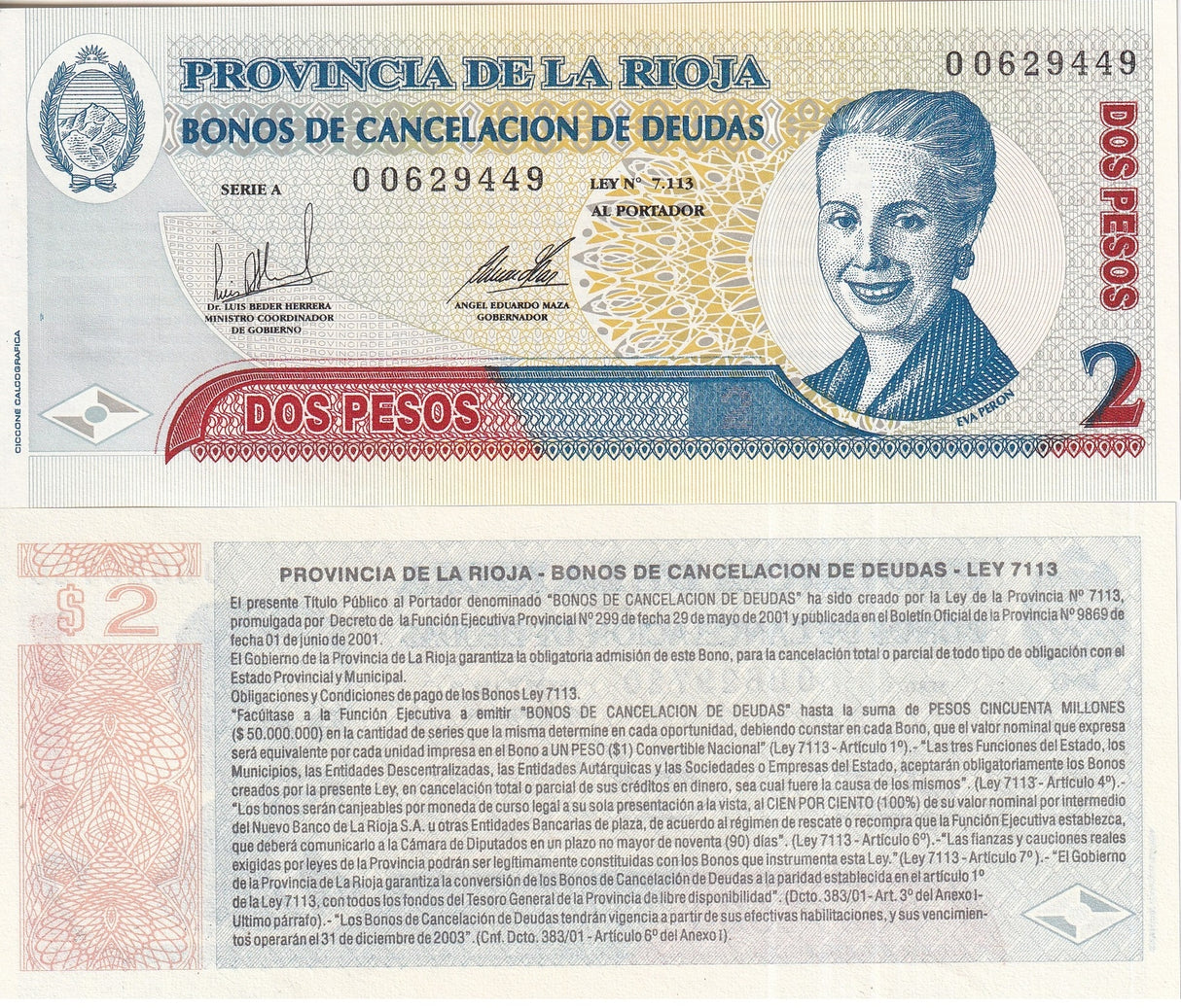 Argentina 2 Pesos 2001 Emergency La Rioja UNC
