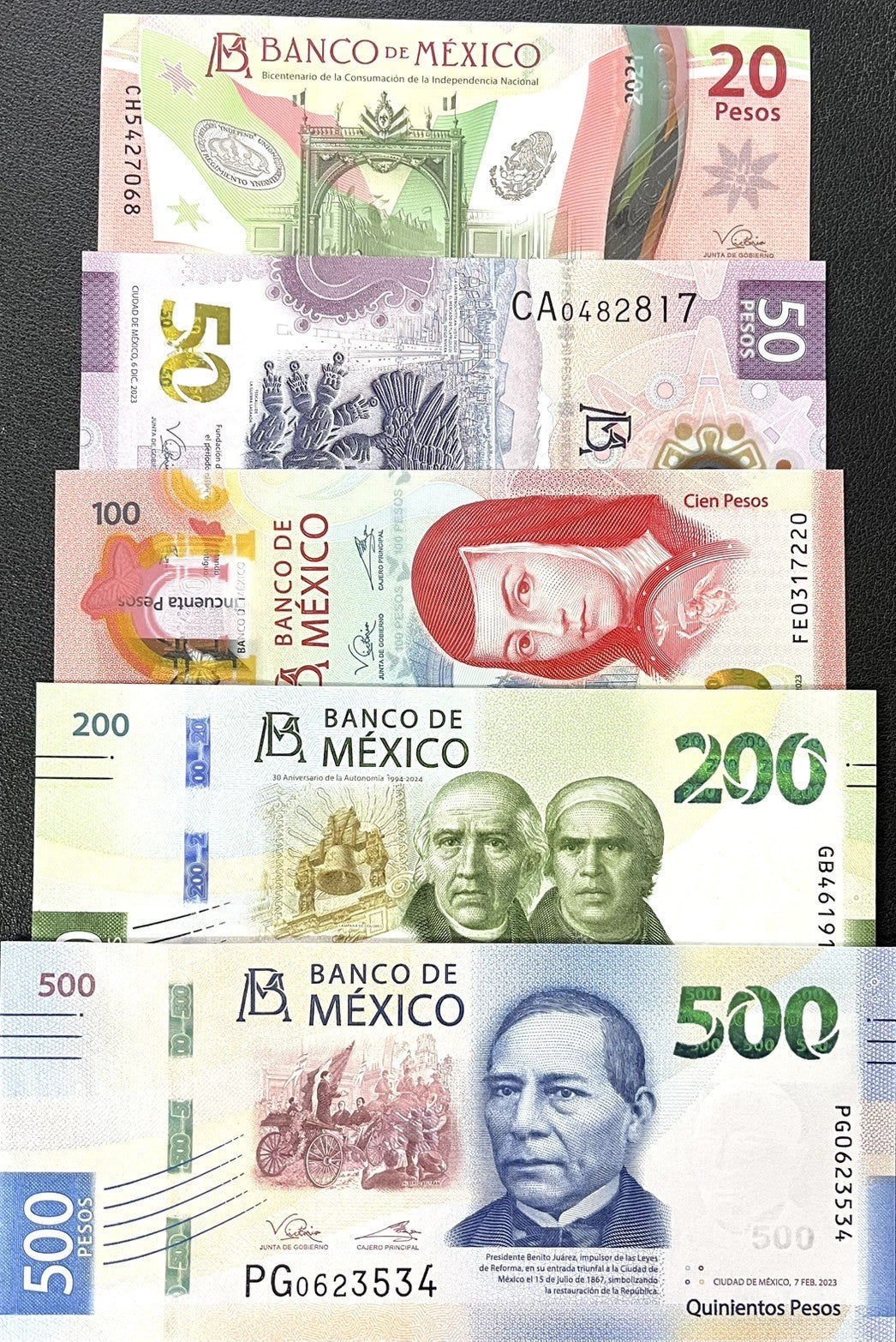 Mexico set 5 Pcs 20 50 100 200 500 Mixed Years P 131 131A 132 133 136 UNC