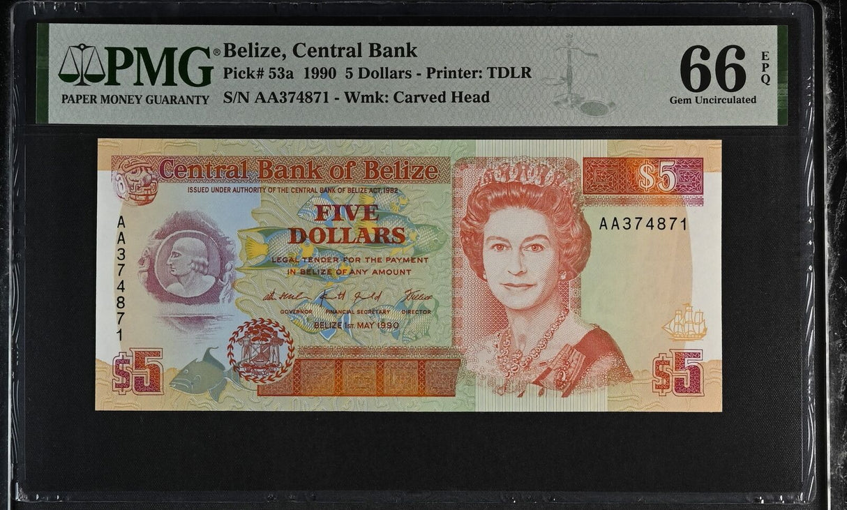BELIZE 5 Dollars 1990 P 53 a Gem UNC PMG 66 EPQ