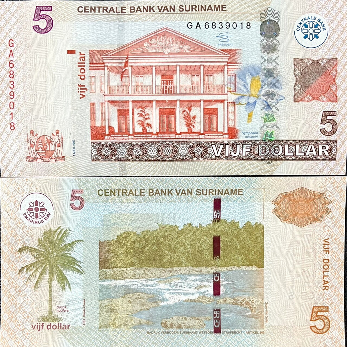 Suriname 5 Dollars 2012 P 162 b UNC