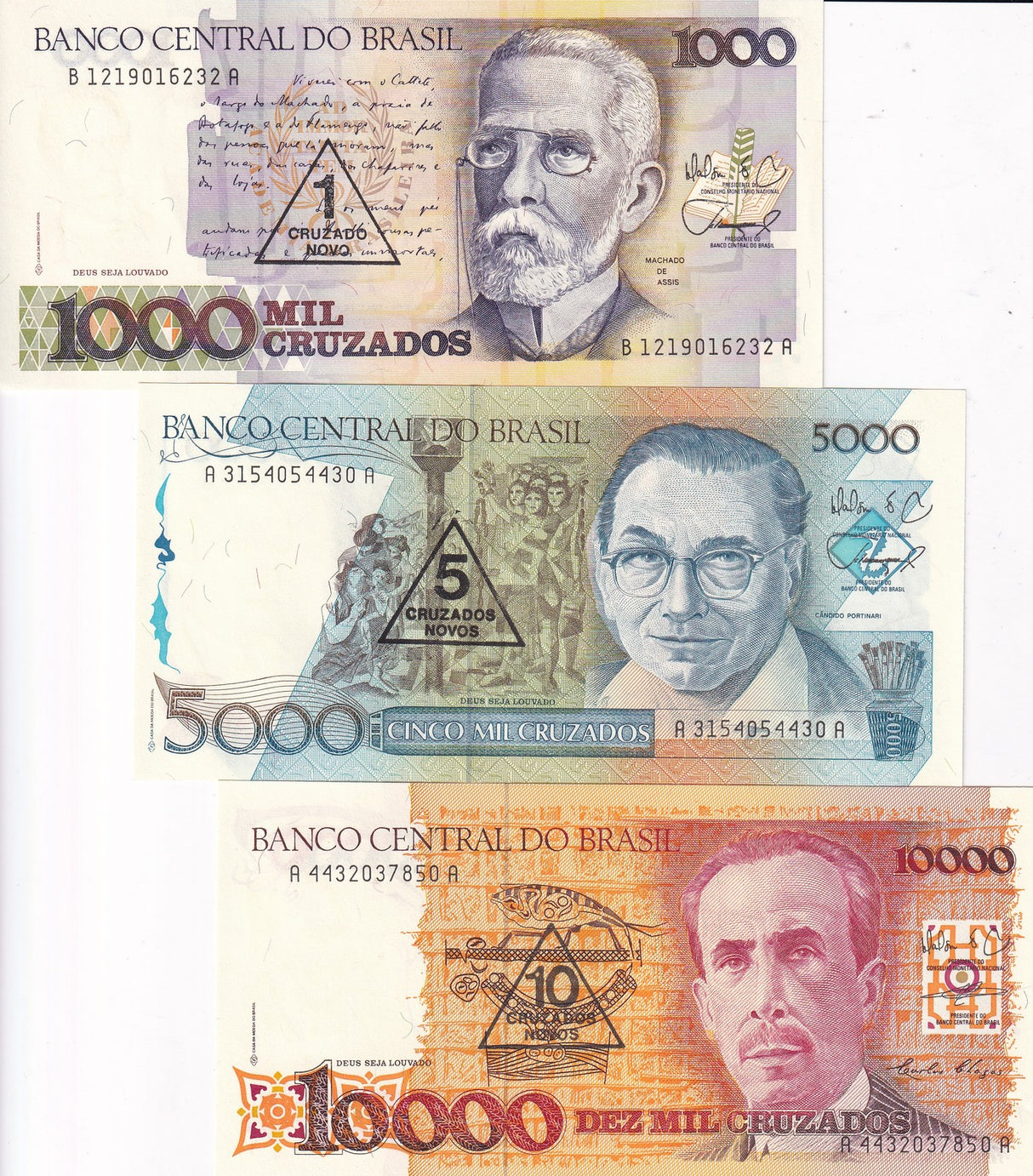 Brazil Set 3 UNC 1 5 10 C.N on 1000 5000 1000 Cruzados ND 1989 P 216 217 218