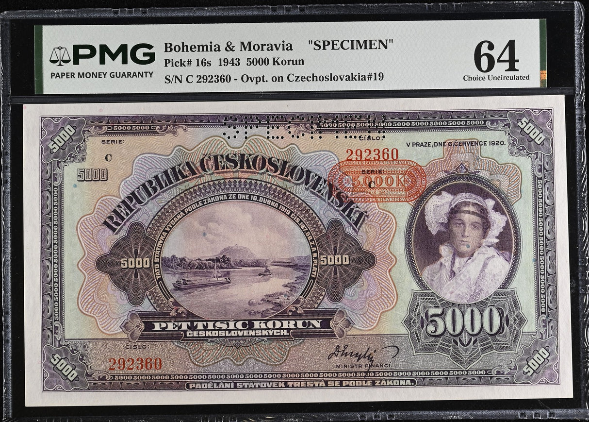 Bohemia 5000 Korun 1943 P 16 s SPECIMEN Choice UNC PMG 64