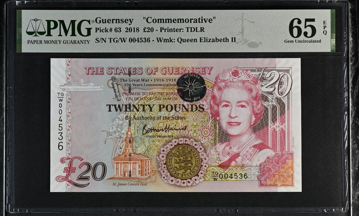 Guernsey 20 Pounds 2018 P 63 Comm. Gem UNC PMG 65 EPQ