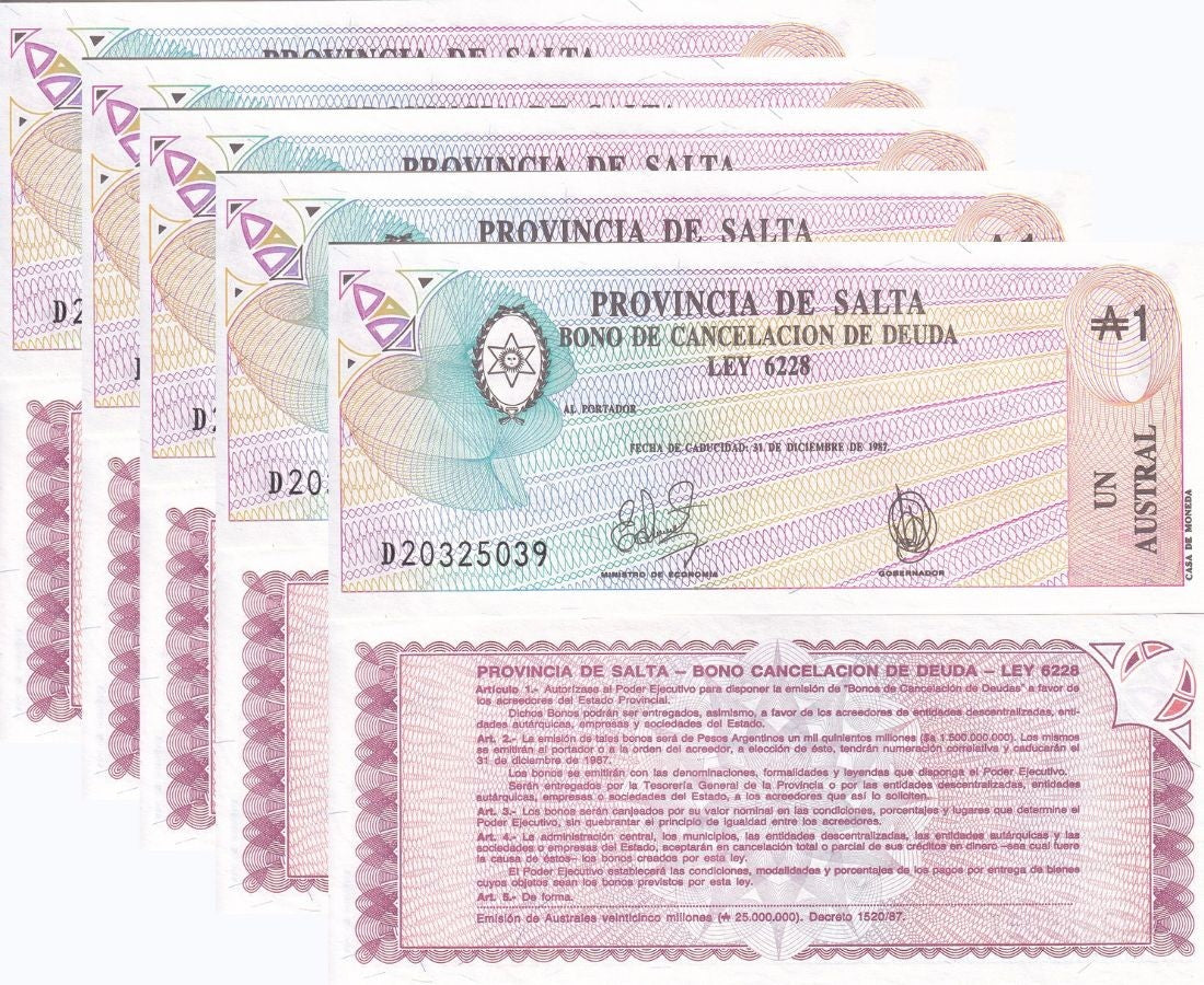 Argentina 1 Austral 1987 P S2612e UNC LOT 5 PCS