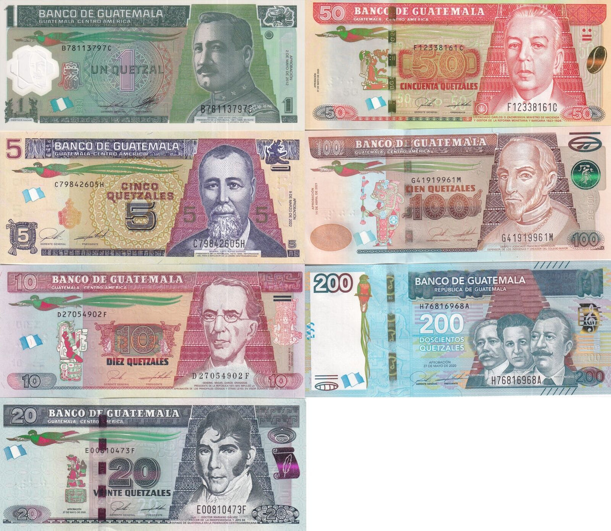 Guatemala Set 7 UNC 1 5 10 20 50 100 200 Quetzales 2012 - 2022 P P 115 122 - 127
