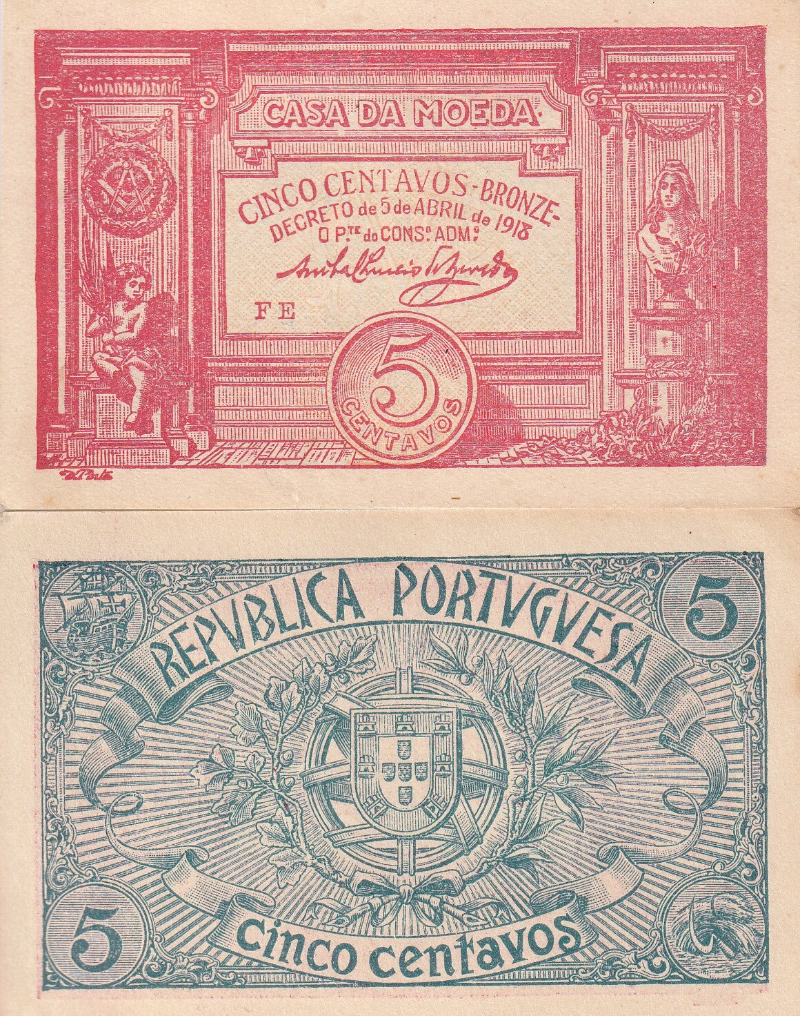 Portugal 5 Centavos Bronze 1918 P 98 AUnc Little Tone