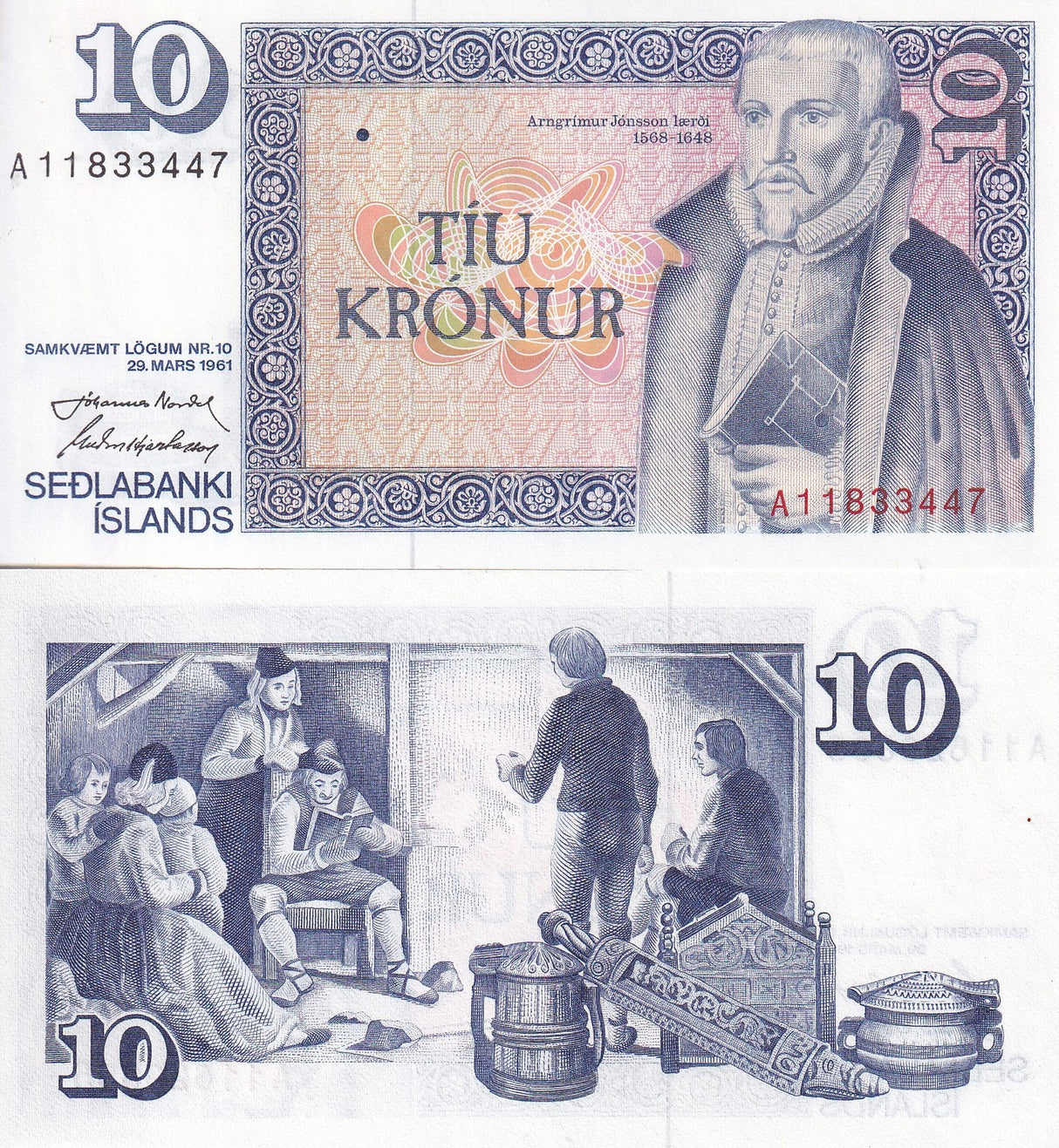 Iceland 10 Kronur 1961 P 48 UNC