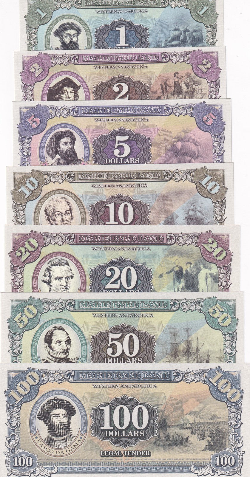 Marie Byrd Land Set 7, 1 2 5 10 20 50 100 banknotes 2014 Fantasy