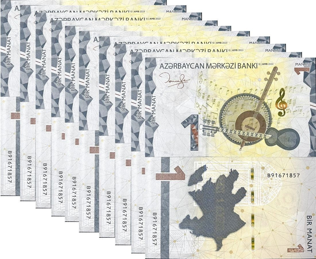 Azerbaijan 1 Manat ND 2023 P 38 UNC LOT 10 PCS ,Musical instruments and chord