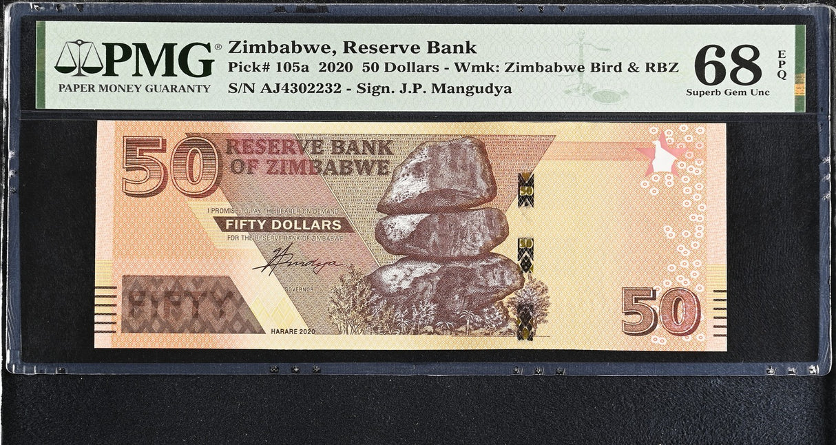 Zimbabwe 50 Dollars 2020 P 105 a Superb Gem UNC PMG 68 EPQ TOP POP