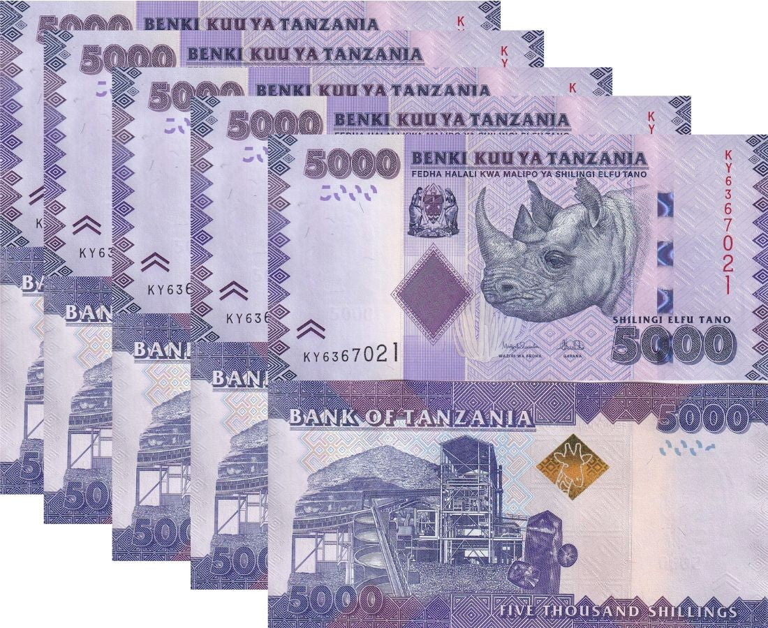 Tanzania 5000 Shillings ND 2025 P 43 New Sign UNC ,Rhinoceros Rhino LOT 5 PCS