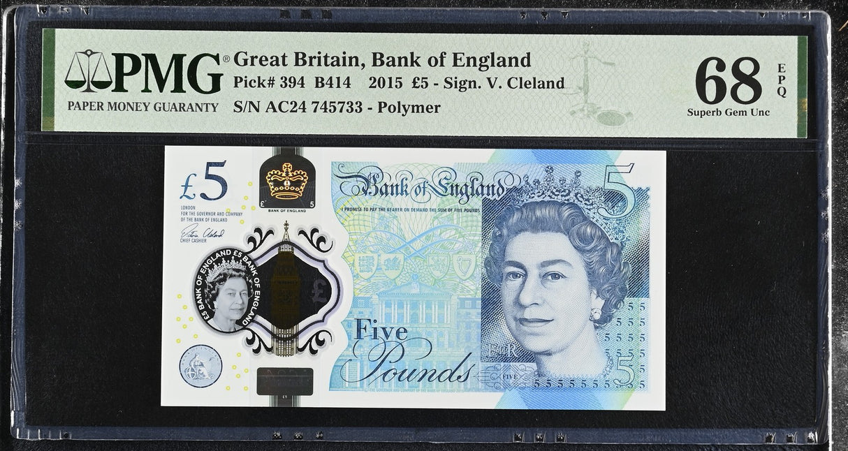 Great Britain 5 Pounds 2015 P 394 Polymer Superb Gem UNC PMG 68 EPQ