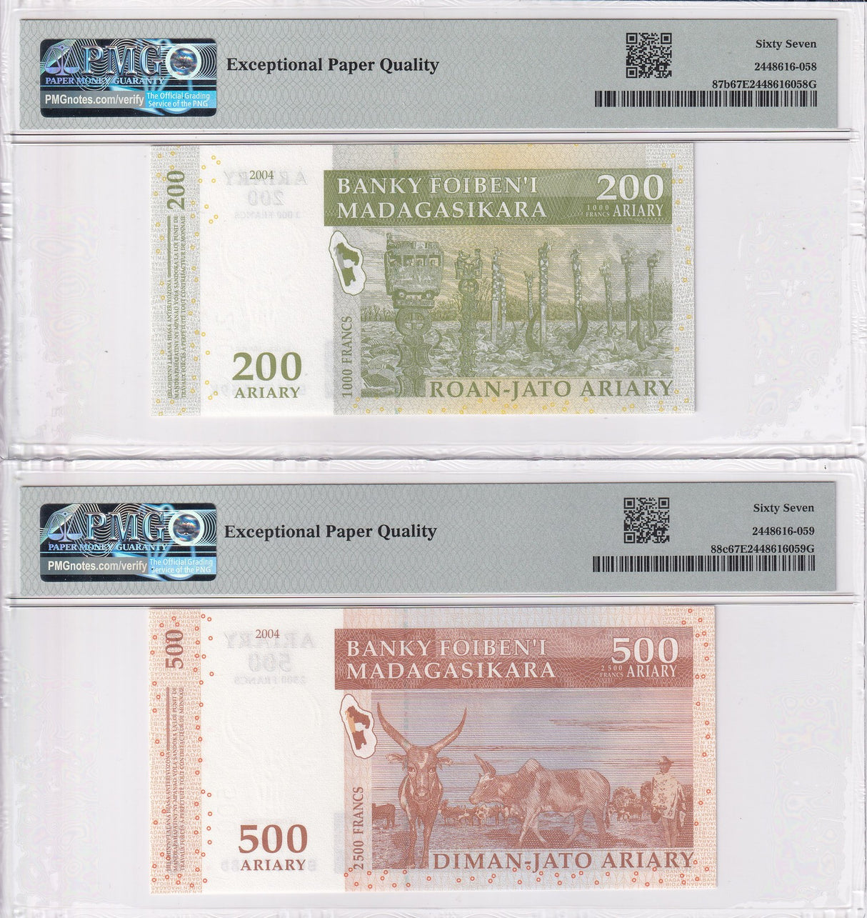 Madagascar Set 2; 200 500 Ariary 2004 P 87 P 88 Superb Gem UNC PMG 67 EPQ
