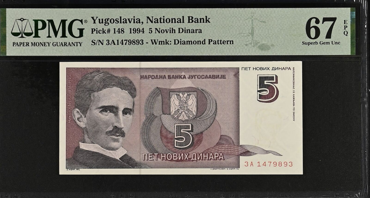 Yugoslavia 5 Novih Dinara 1994 P 148 TESLA 3A Prefix Superb Gem UNC PMG 67 EPQ
