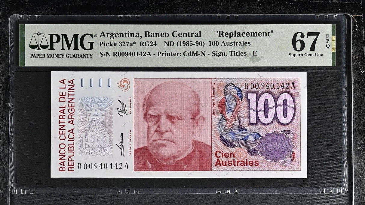 Argentina 100 Australes ND 1985 P 327 a* Replacement Superb Gem UNC PMG 67 EPQ