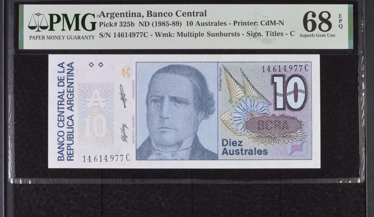Argentina 10 Australes ND 1985-89 P 325 b Superb Gem UNC PMG 68 EPQ Top Pop