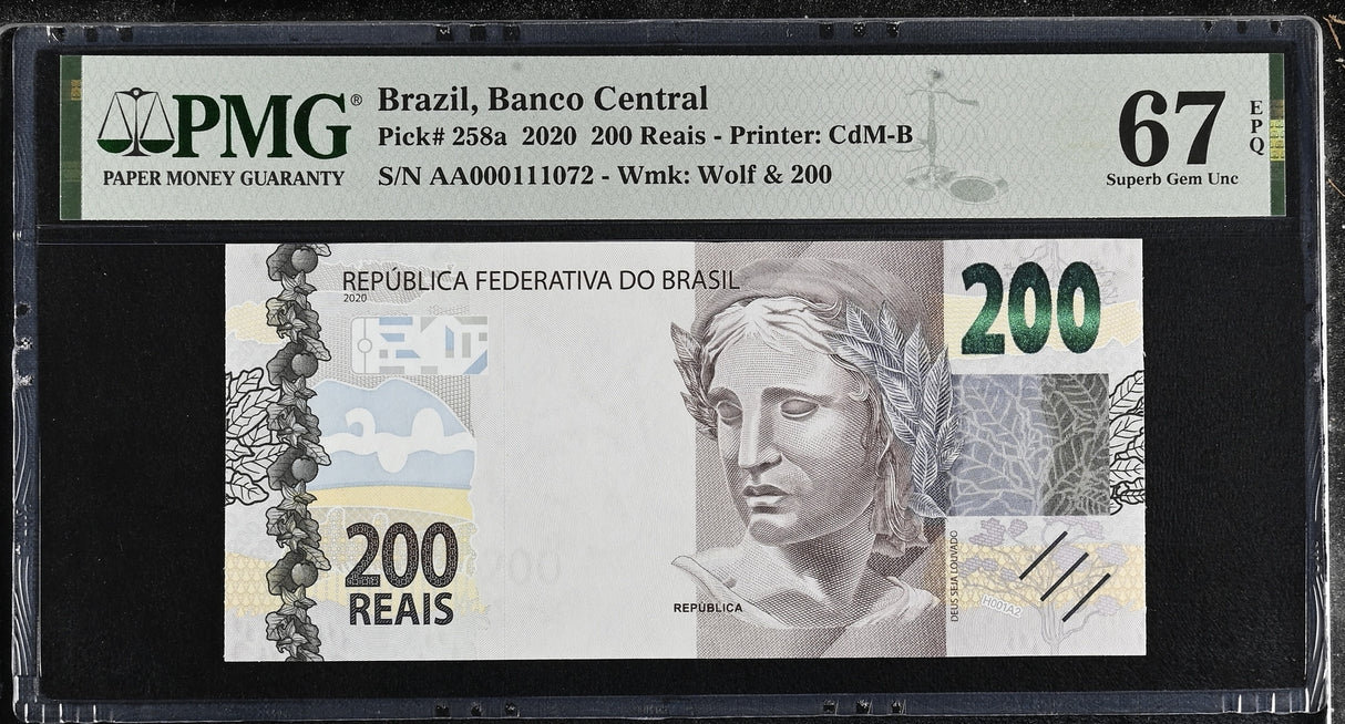 Brazil 200 Reais 2020 P 258 a AA Prefix Superb Gem UNC PMG 67 EPQ