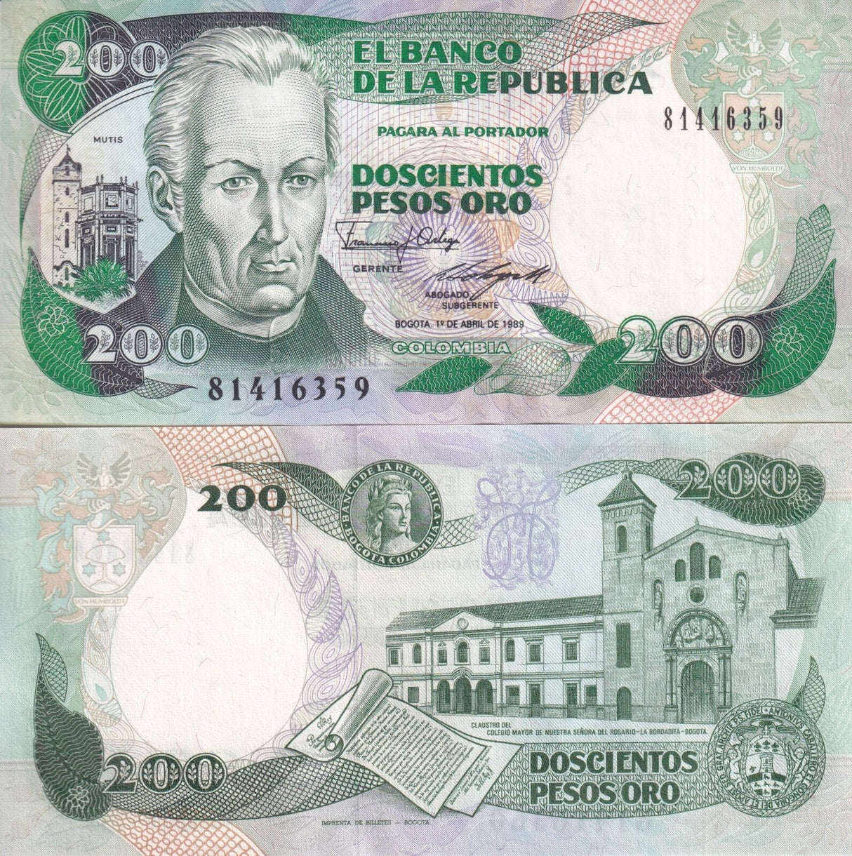 Colombia 200 Pesos Oro APRIL 1989 P 429 d UNC