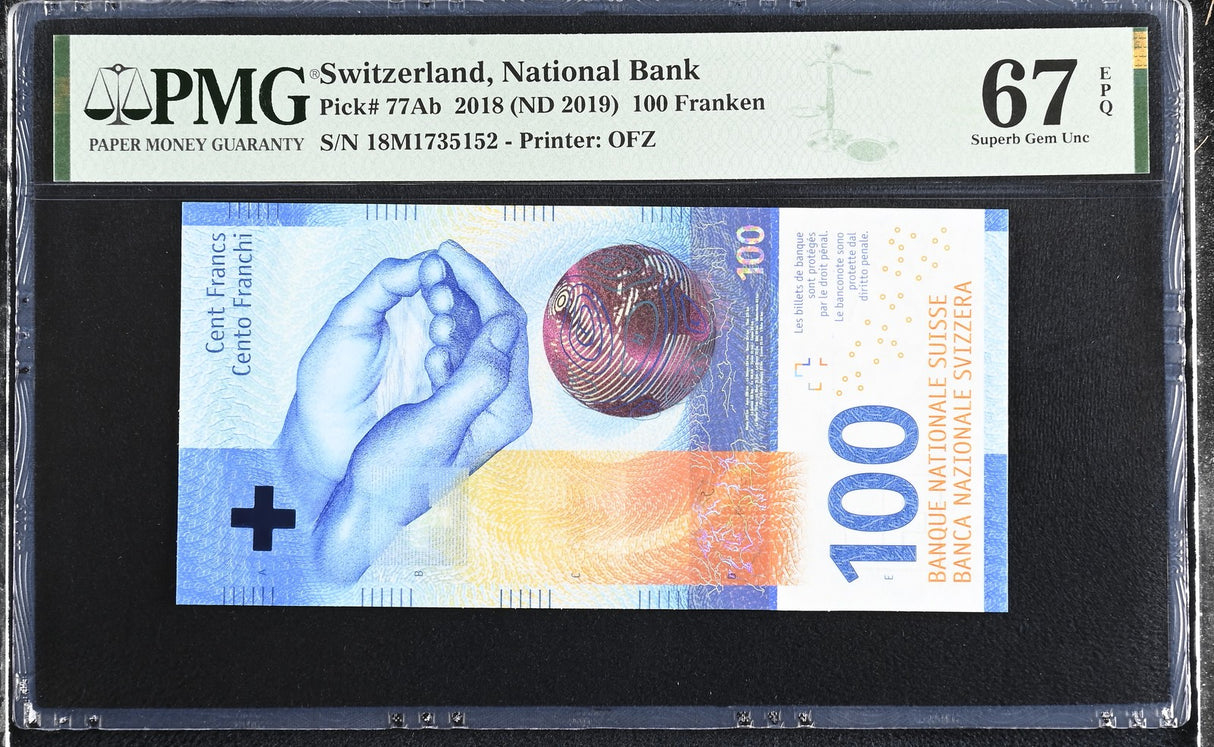 Switzerland 100 Franken 2018 ND 2019 P 77Ab Superb Gem UNC PMG 67 EPQ