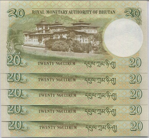 Bhutan 20 Ngultrum 2013 P 30 b UNC LOT 5 Pcs