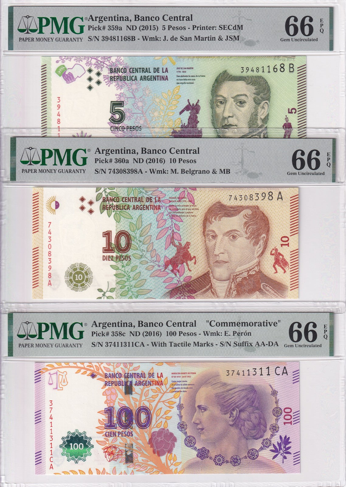 Argentina Set 3; 5 10 100 Pesos 2016 P 358 359 360 Gem UNC PMG 66 EPQ