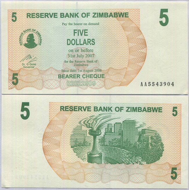 Zimbabwe 5 Dollars 2006 P 38 UNC