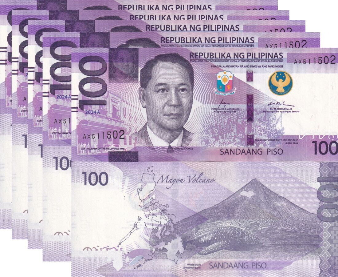 Philippines 100 Pesos 2024A P 232A NEW Seal Type UNC LOT 5 PCS