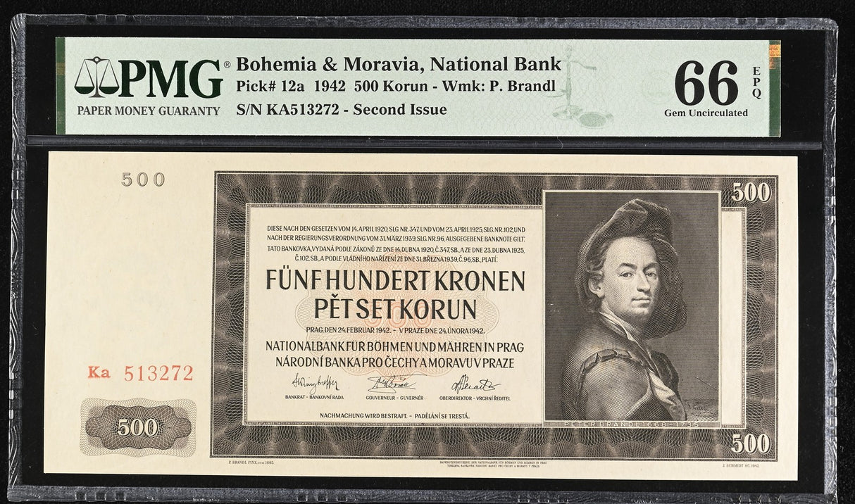 Bohemia 500 Korun 1942 P 12 a Gem UNC PMG 66 EPQ BIG Size WMK P. Brandl