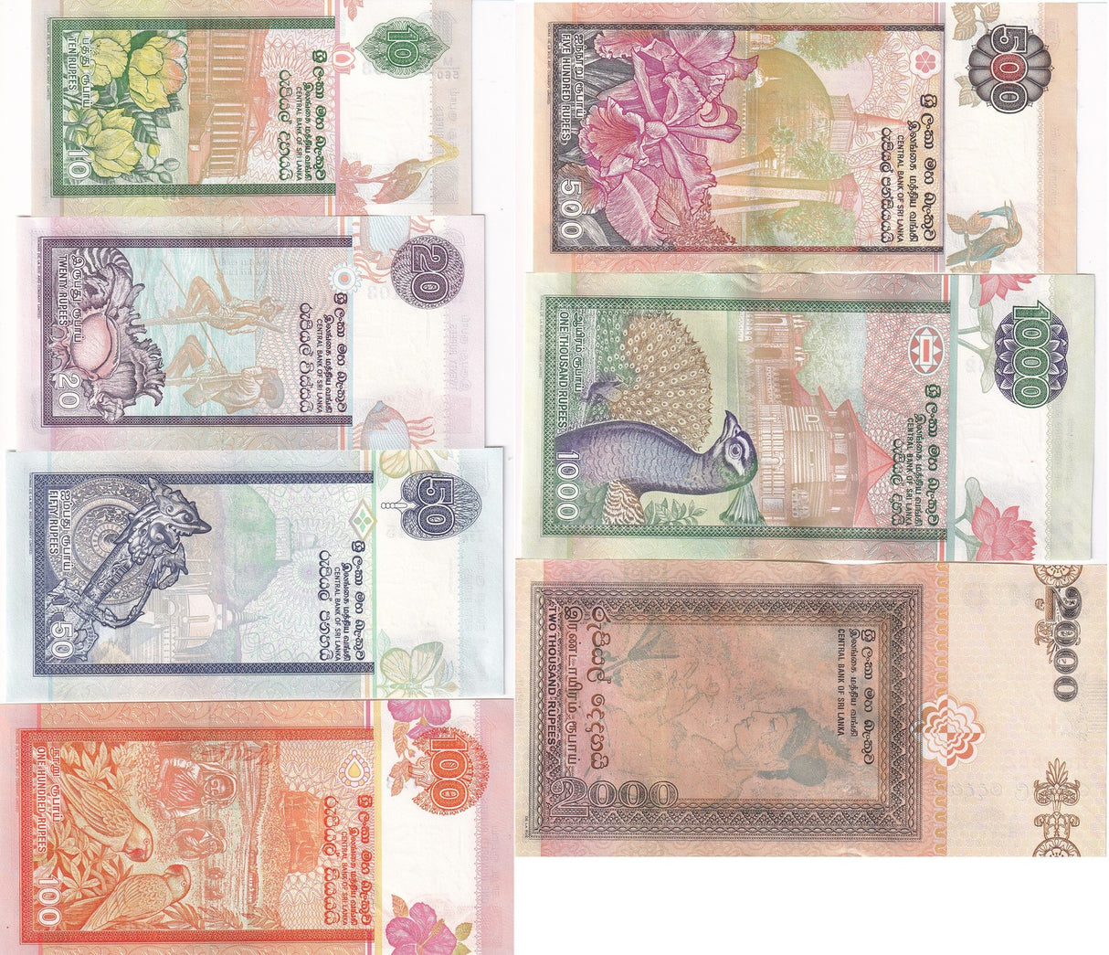 Sri Lanka SET 7 UNC 10 20 50 100 500 1000 2000 Rupees Random P 104 108 - P 121