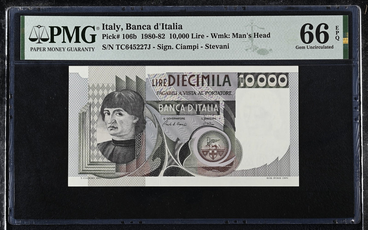 Italy 10000 Lire 1982 P 106 b Gem UNC PMG 66 EPQ