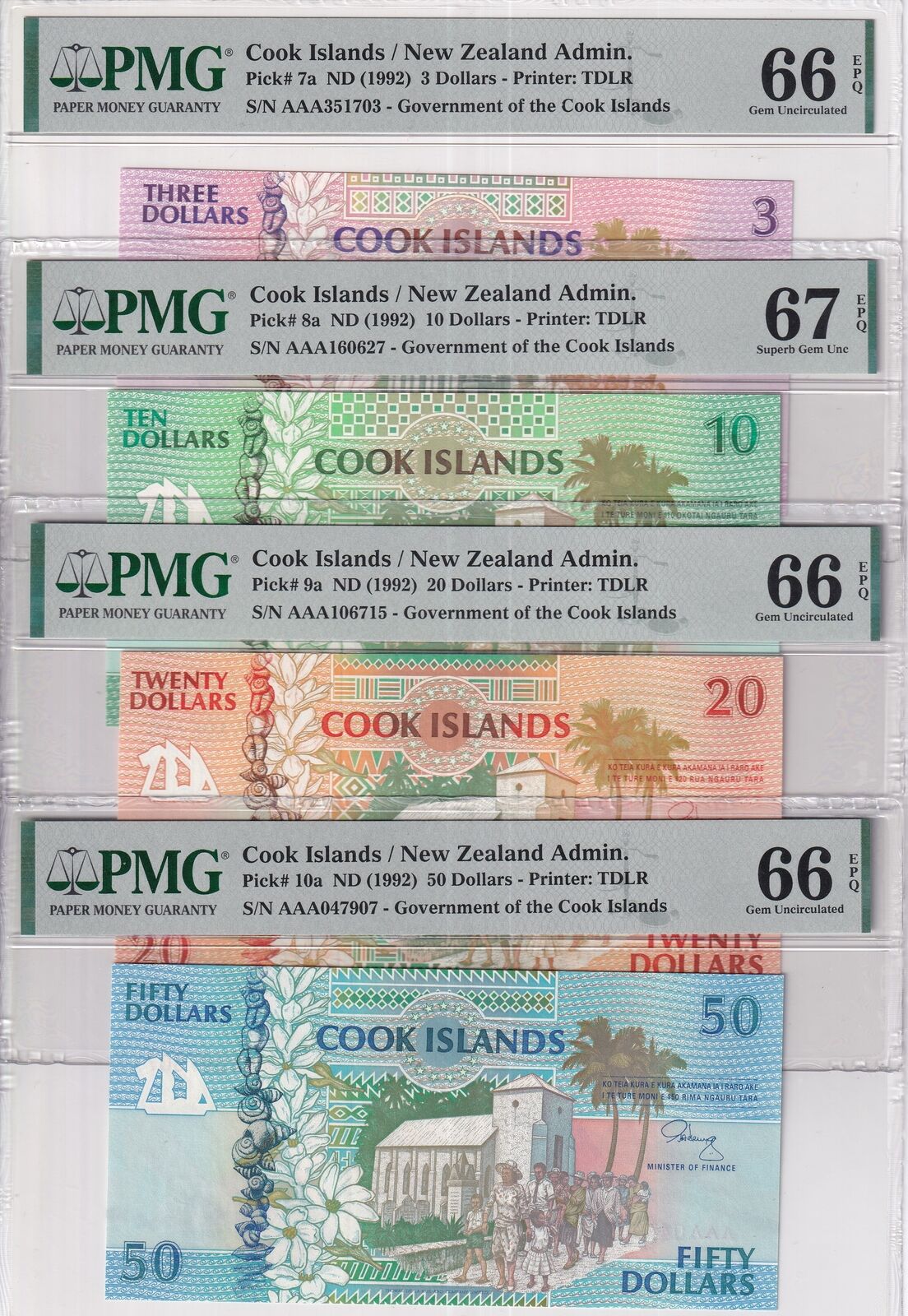 Cook Islands SET 4 3 10 20 50 Dollars ND 1992 P 7 8 9 10 Gem UNC PMG 66 67 EPQ