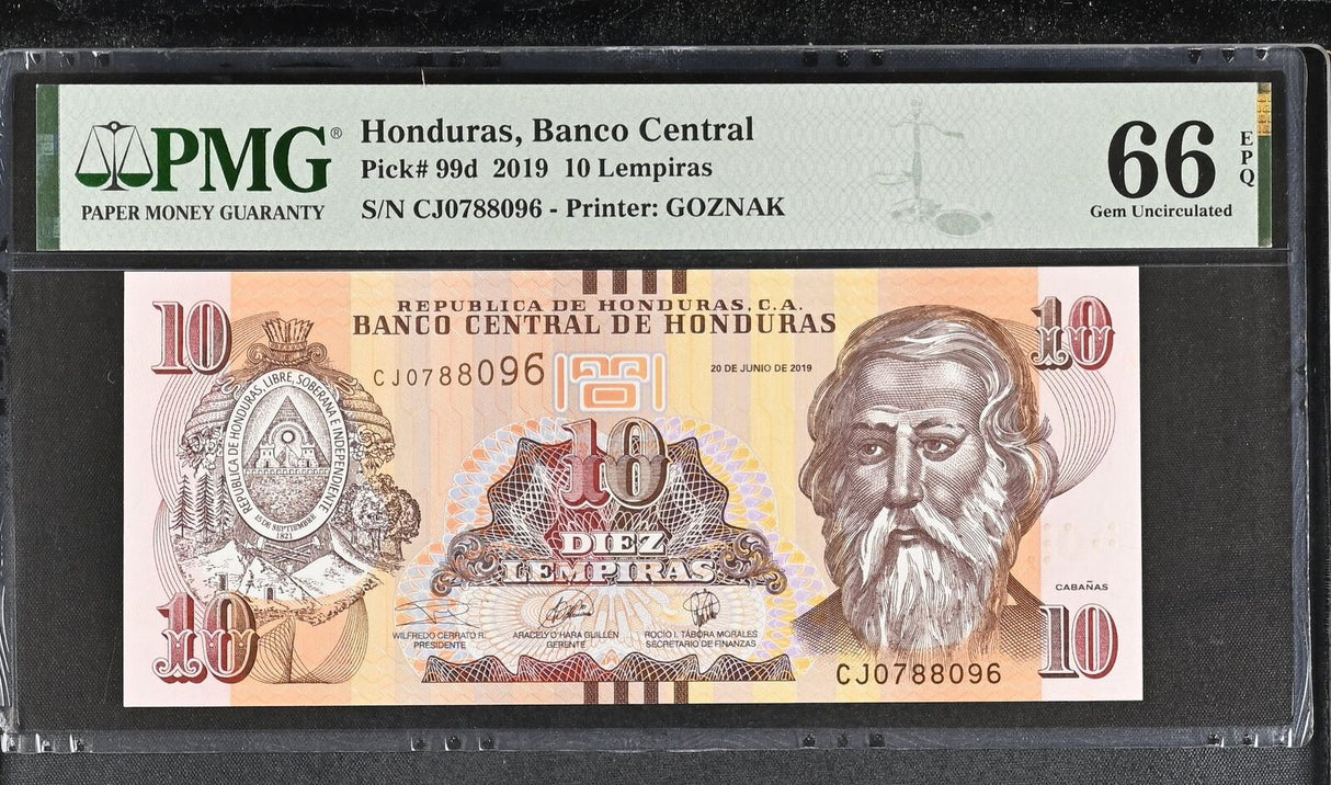 Honduras 10 Lempiras 2019 P 99 d Gem UNC PMG 66 EPQ