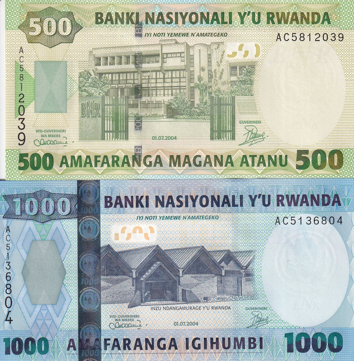 Rwanda Set 2 PCS 500 1000 FRANCS 2004 P 30 P 31 UNC