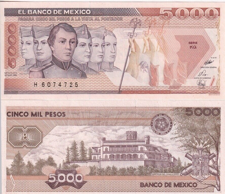 Mexico 5000 Pesos 1989 P 88 c series KQ AUnc