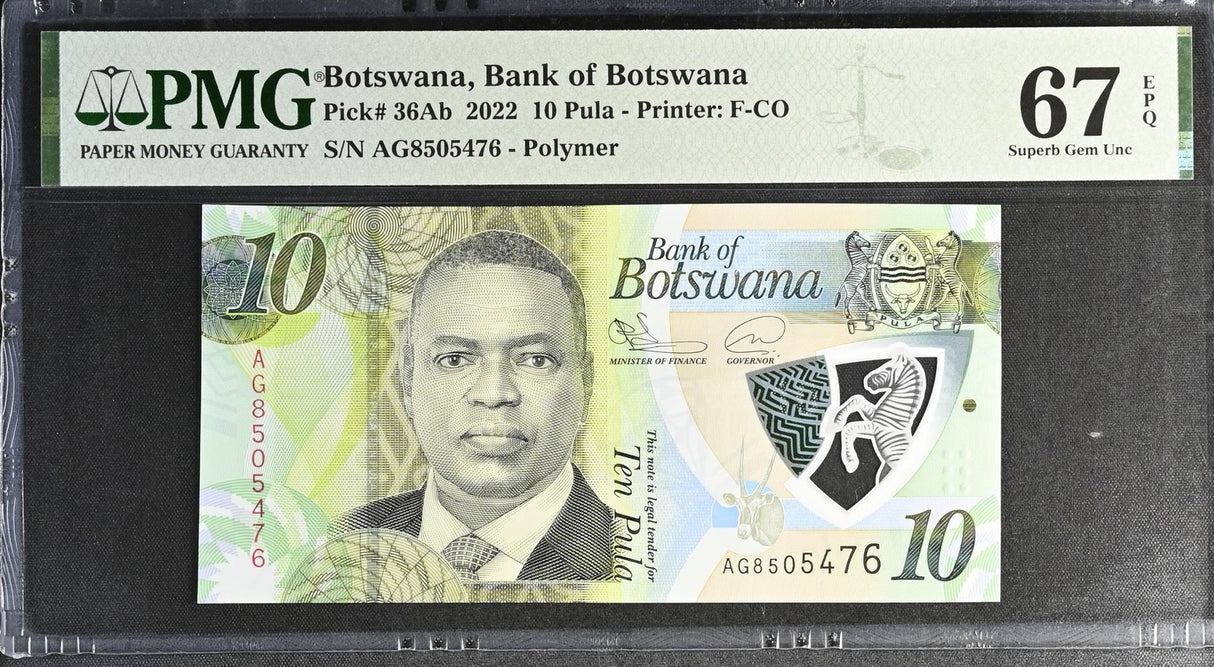 Botswana 10 Pula 2022 P 36Ab Polymer Superb Gem UNC PMG 67 EPQ