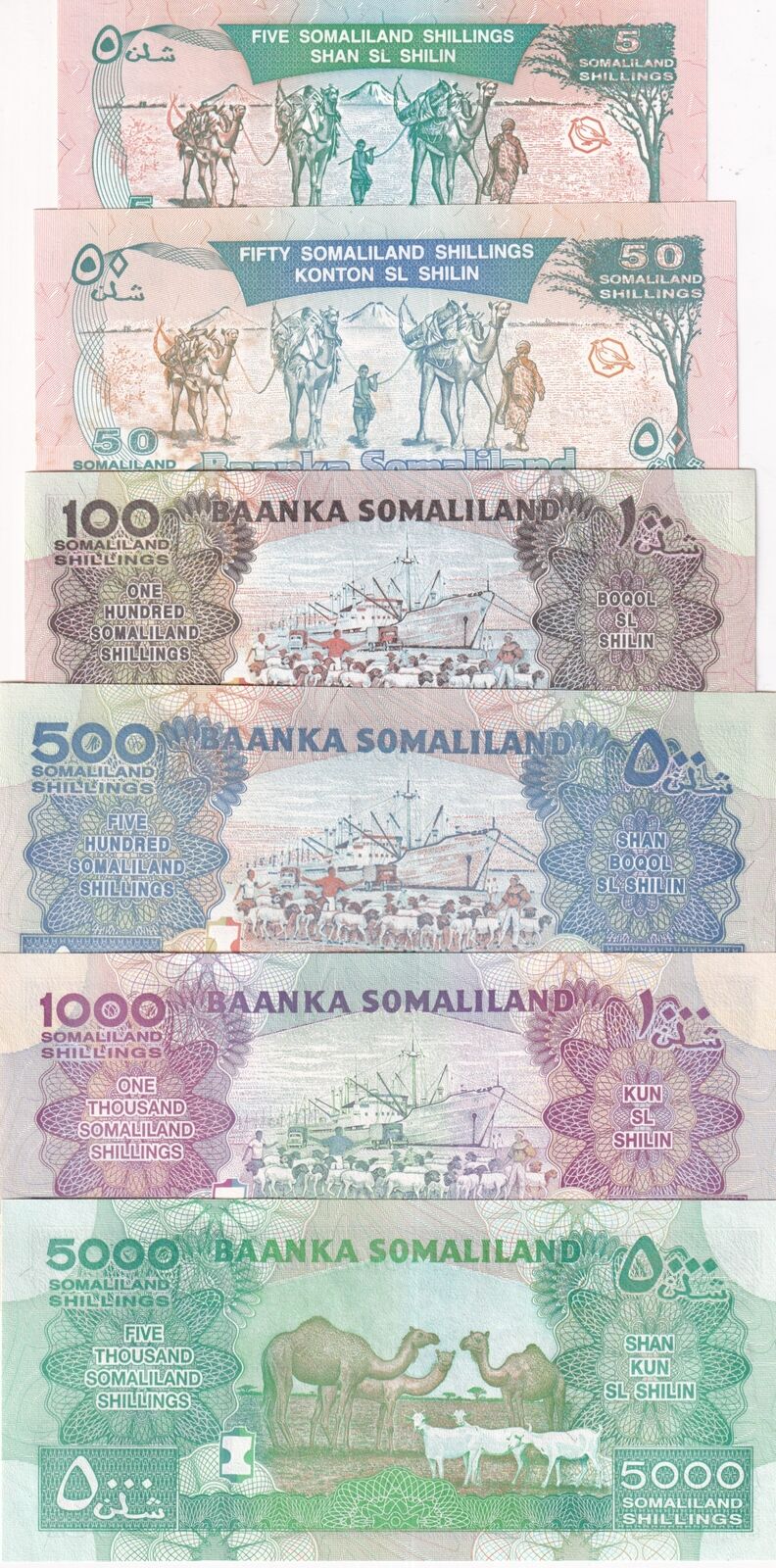 Somaliland Set 6 Pcs 5 50 100 500 1000 5000 Shillings 1994-2015 P 1 5 7-21 UNC