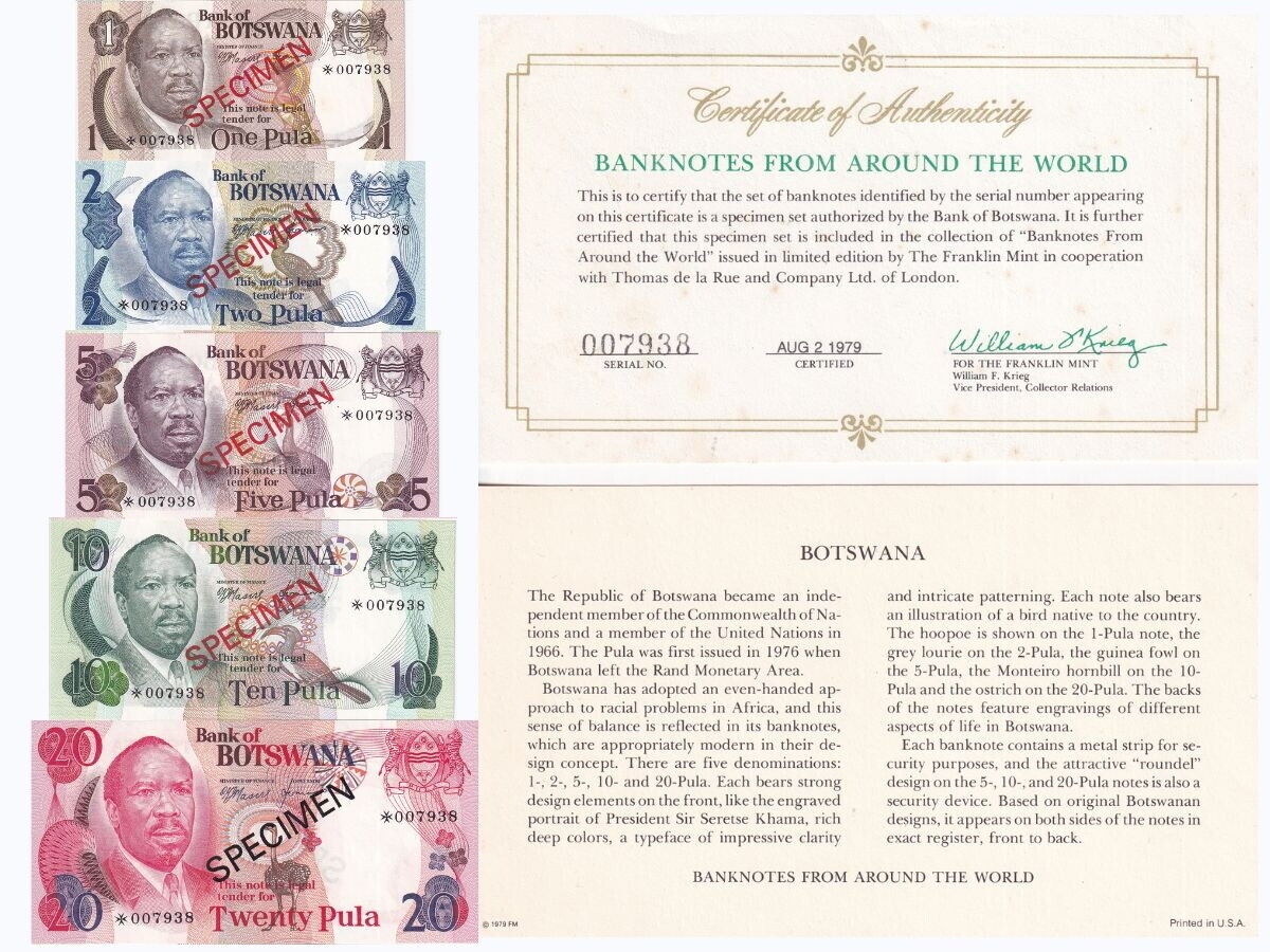 Botswana Set 5 UNC 1 2 5 10 20 Pula ND 1976 P 1 P 2 P 3 P 4 P 5 Specimen COA