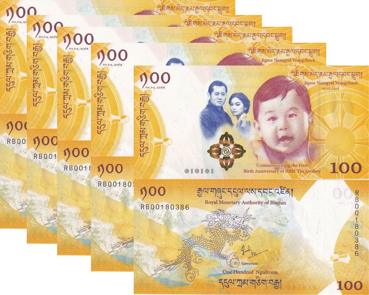 Bhutan 100 Ngultrum 2016 Commemorative P 37 UNC Mountains dragon Lot 5 PCS