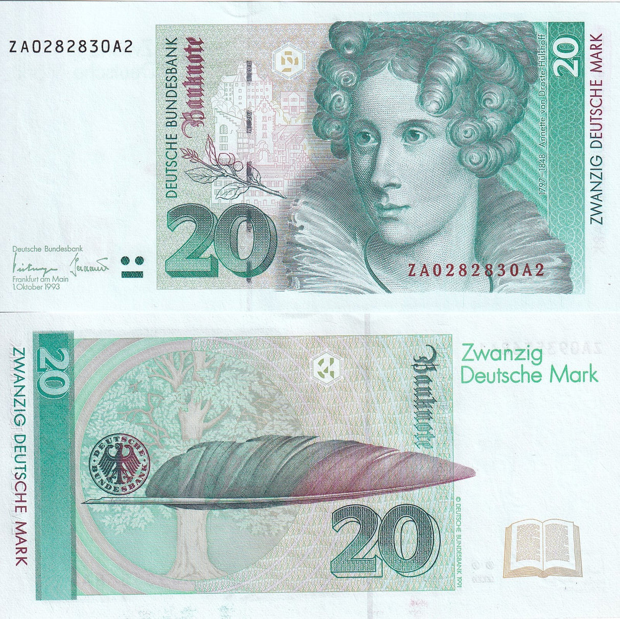 Germany Federal Republic 20 Deutsche Mark 1993 P 39 b ZA Replacement UNC