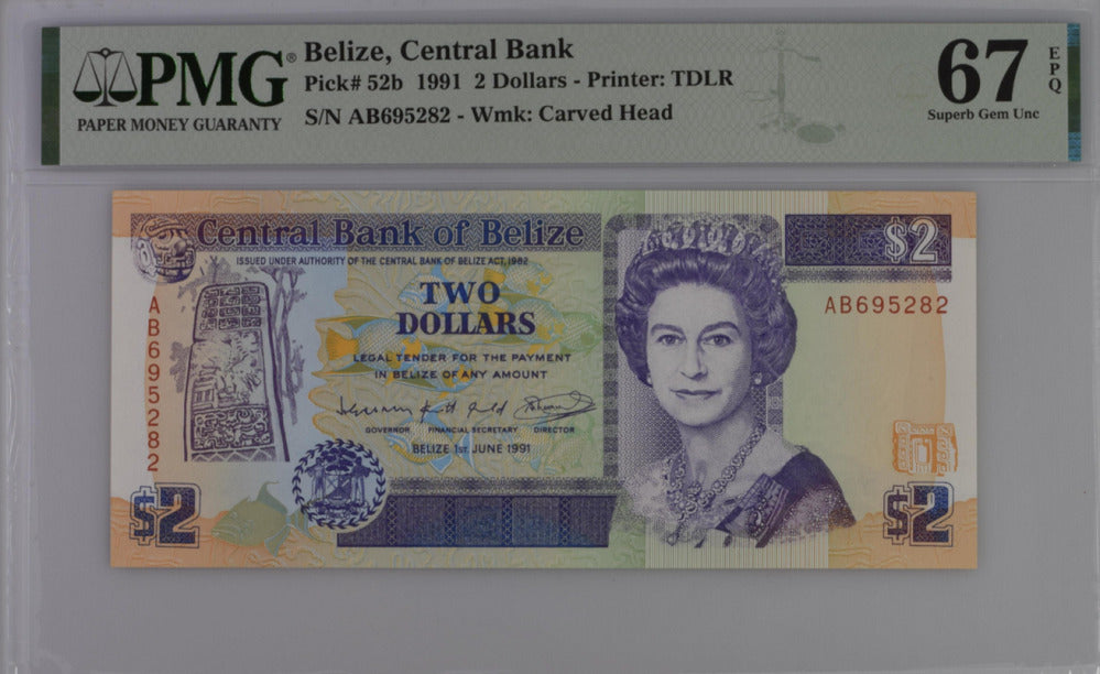 Belize 2 Dollars 1991 P 52 b Superb Gem UNC PMG 67 EPQ