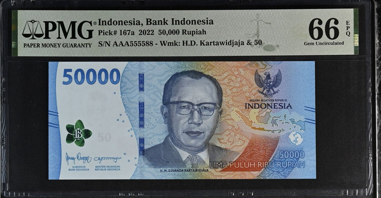 Indonesia 50000 Rupiah 2022 P 167 a NICE # AAA555588 Gem UNC PMG 66 EPQ