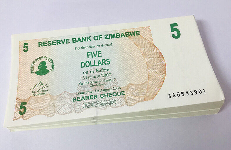 Zimbabwe 5 Dollars 2006 P 38 UNC LOT 100 PCS 1 Bundle