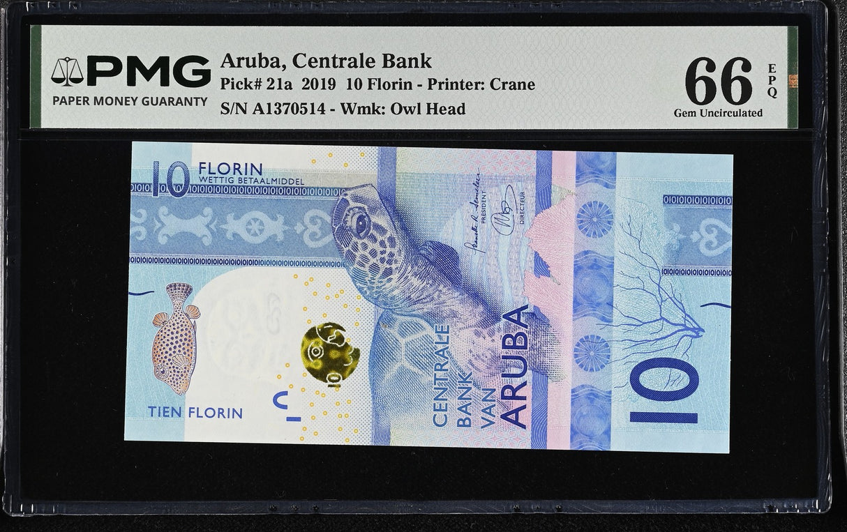 Aruba 10 Florins 2019 P 21 a Turtle GEM UNC PMG 66 EPQ
