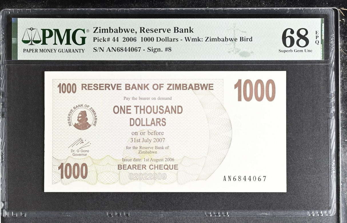 Zimbabwe 1000 Dollars 2006 P 44 Superb Gem UNC PMG 68 EPQ