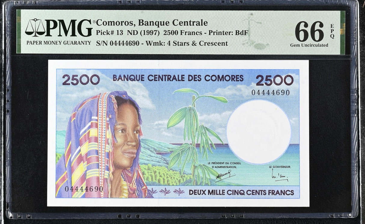 Comoros 2500 Francs ND 1997 P 13 Gem UNC PMG 66 EPQ