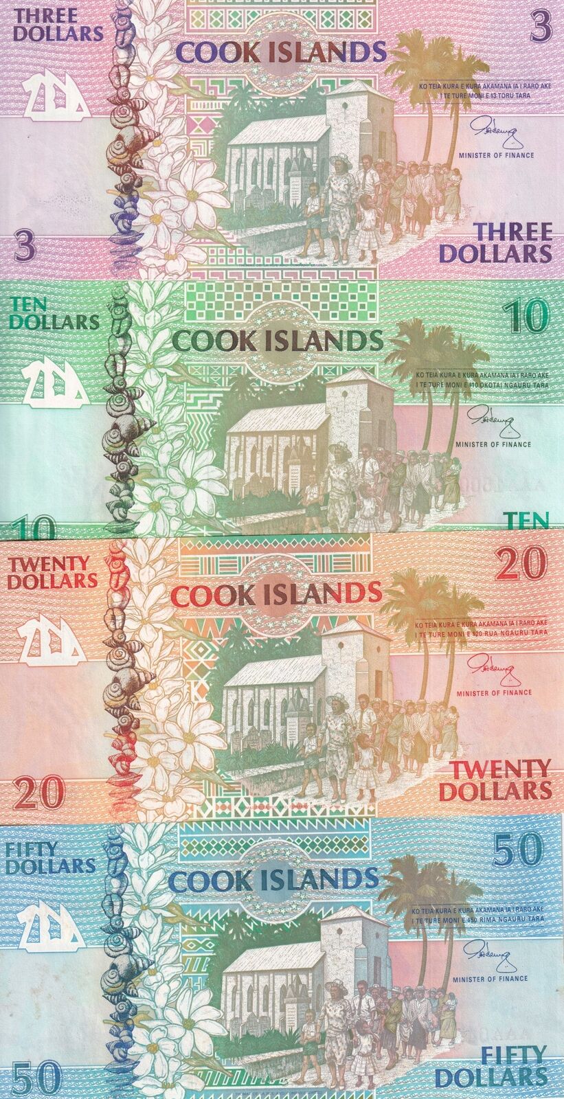 Cook Island set 4, 3 10 20 UNC ( 50 UNC W/Foxing ) Dollars 1992 P 7 8 9 10