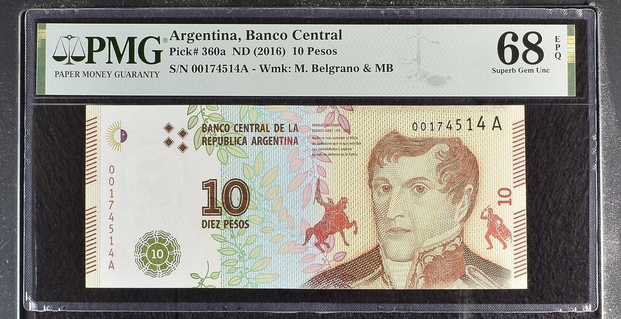 Argentina 10 Pesos ND 2016 P 360 a Superb Gem UNC PMG 68 EPQ Top Pop