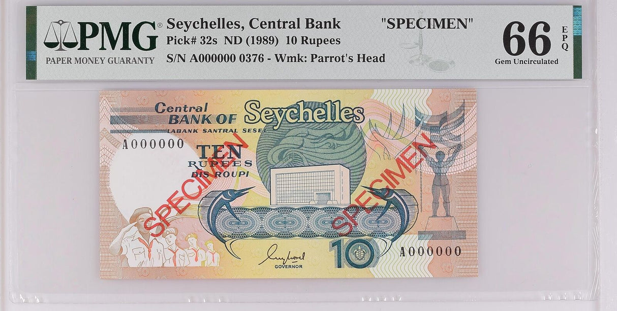 Seychelles 10 Rupees ND 1989 P 32 s SPECIMEN Gem UNC PMG 66 EPQ