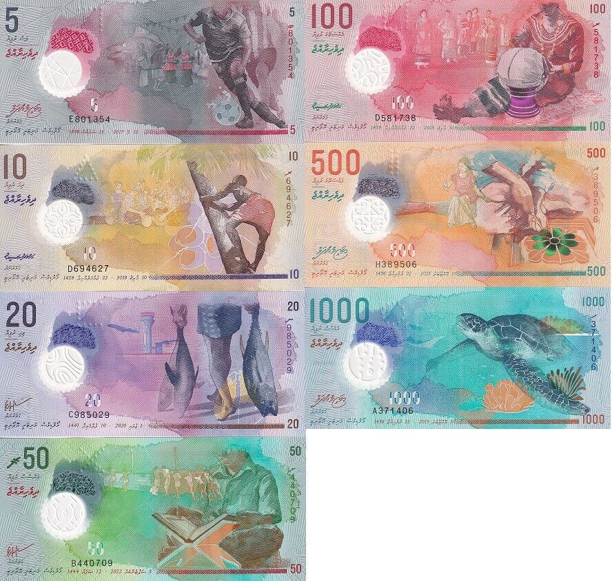 Maldives Set 7 UNC 5 - 1000 Rufiyaa 2015 - 2020 Polymer UNC With Folder