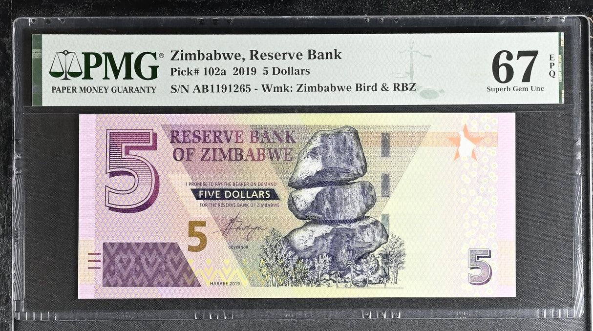 Zimbabwe 5 Dollars 2019 P 102 a Superb GEM PMG 67 EPQ